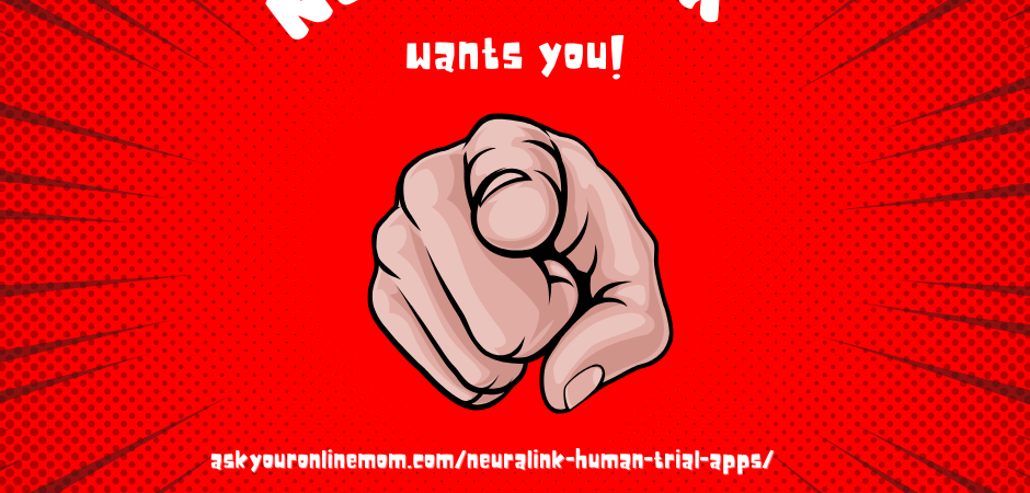 Red and white comic-book style graphic with white index finger pointing toward reader with white text that reads NEURALINK WANTS YOU!