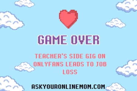 1990s retro video game background with blue skies and white clouds, one heart. Game over Teacher's side gig on OnlyFans Leads to Job Loss.